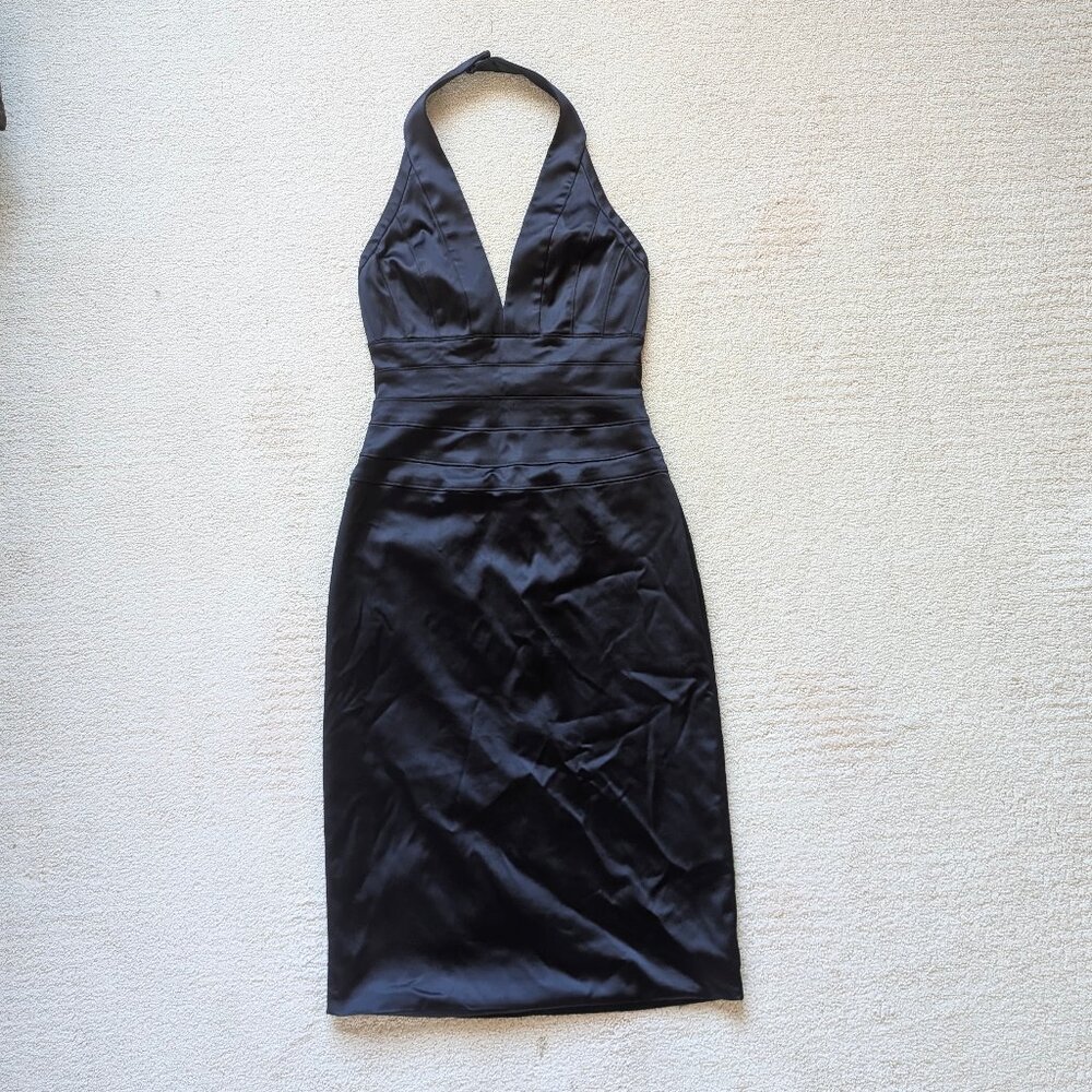 Papell Boutique Evening Dress Women's 4 Small Navy Blue Satin Halter Pencil Midi